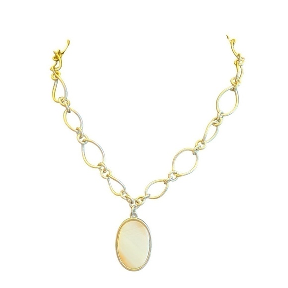 AVON Pendant Necklace- Oval Mother Of Pearl in Silver Tone Bezel on Large Silver - Picture 2 of 7